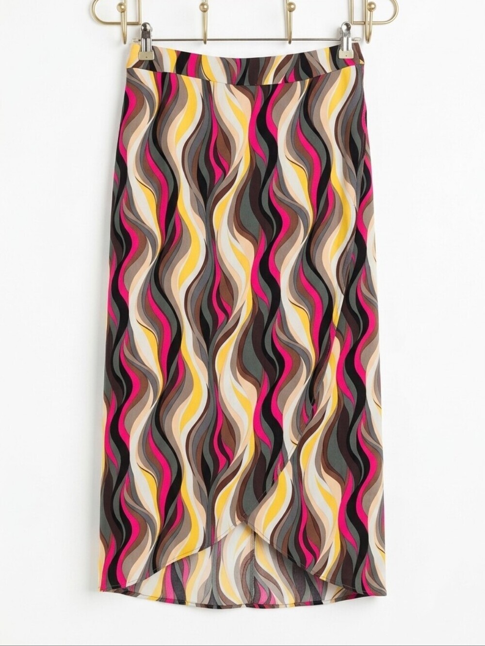 Wavy Multicolor Midi Skirt — Pink, Yellow, Black & Neutral Waves